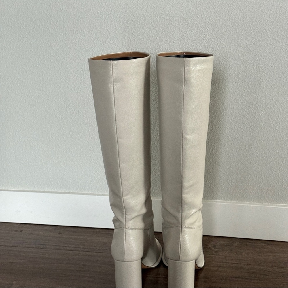 Cream knee high heel boots with rounded toe and wide calf - Picture 6 of 9